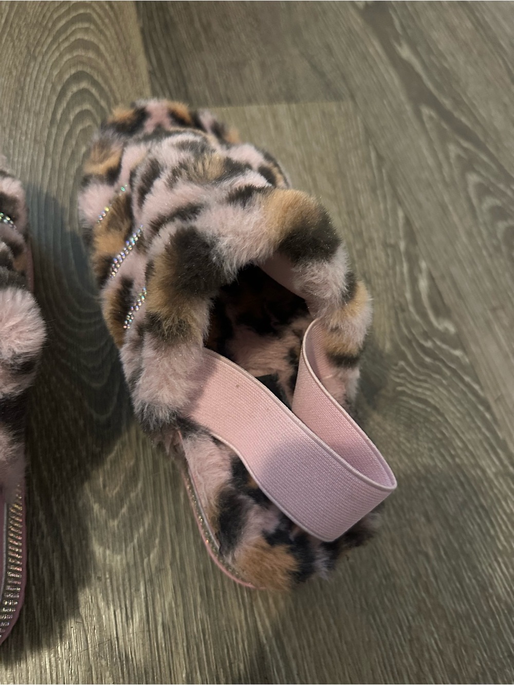 Pink Leopard Faux-Fur Ruffled Slide Sandals with Rhinestone Straps - Picture 7 of 9
